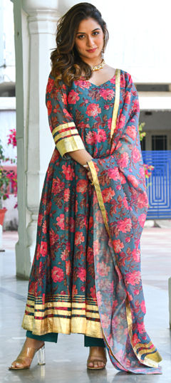Blue color Salwar Kameez in Chanderi Silk fabric with Floral, Gota Patti, Printed work
