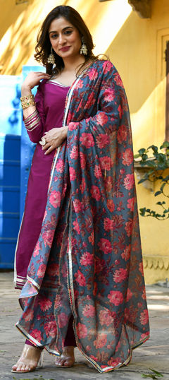 Red and Maroon color Salwar Kameez in Taffeta Silk fabric with Lace work