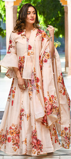 Beige and Brown color Long Lehenga Choli in Chanderi Silk fabric with Floral, Gota Patti, Printed work