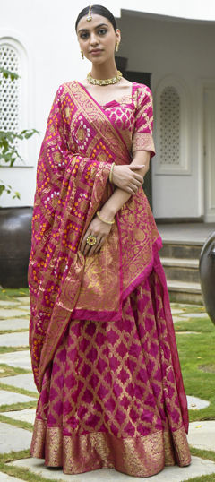 Pink and Majenta color Long Lehenga Choli in Banarasi Silk fabric with Floral, Gota Patti, Printed work