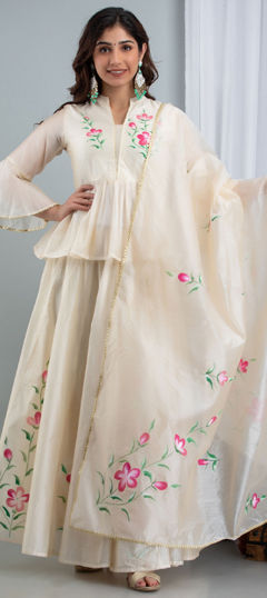 White and Off White color Long Lehenga Choli in Chanderi Silk fabric with Floral, Gota Patti, Printed work