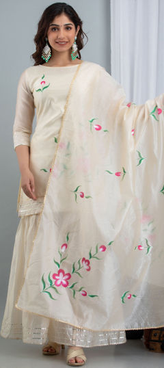 White and Off White color Salwar Kameez in Chanderi Silk fabric with Lace, Printed work