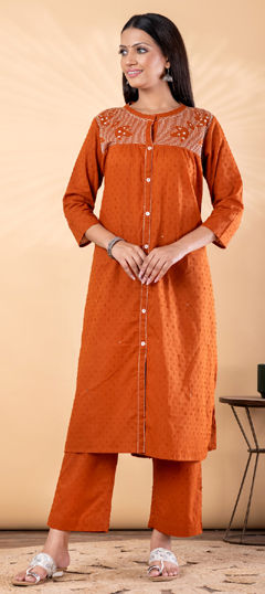 Beige and Brown color Co-ords Set in Cotton fabric with Embroidered, Resham work