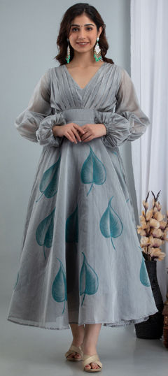 Black and Grey color Dress in Chanderi Silk fabric with Printed work