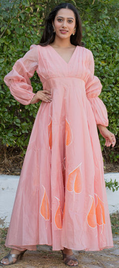 Pink and Majenta color Dress in Chanderi Silk fabric with Printed work