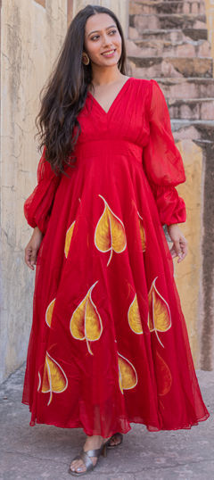 Red and Maroon color Dress in Chanderi Silk fabric with Printed work