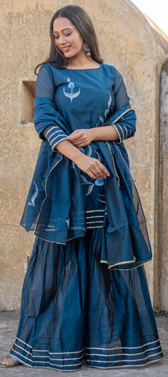 Blue color Salwar Kameez in Chanderi Silk fabric with Floral, Gota Patti, Printed work