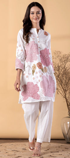 White and Off White color Co-ords Set in Cotton Flex fabric with Embroidered, Resham, Thread work
