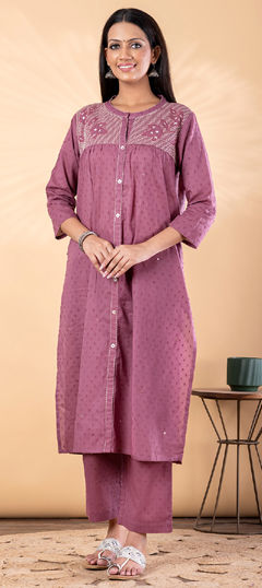 Pink and Majenta color Salwar Kameez in Cotton fabric with Embroidered, Resham, Thread work
