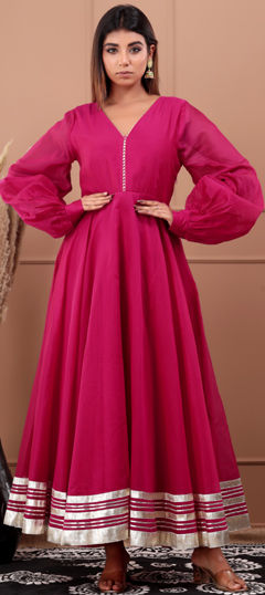 Pink and Majenta color Dress in Chanderi Silk fabric with Gota Patti work
