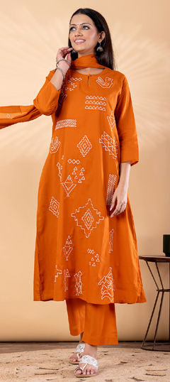 Orange color Salwar Kameez in Cotton fabric with Bugle Beads work