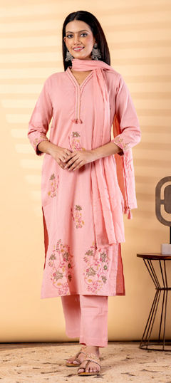 Pink and Majenta color Salwar Kameez in Cotton Flex fabric with Embroidered, Resham, Thread work