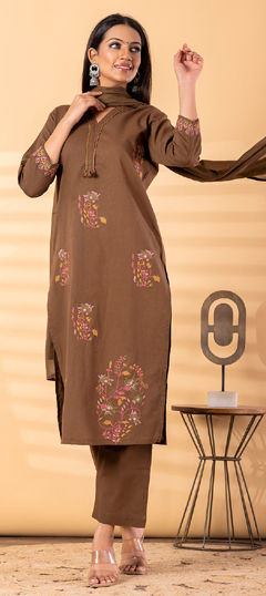 Beige and Brown color Salwar Kameez in Cotton Flex fabric with Embroidered, Resham, Thread work