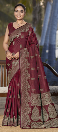 Red and Maroon color Saree in Banarasi Silk fabric with Weaving, Zari work
