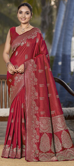 Red and Maroon color Saree in Banarasi Silk fabric with Weaving, Zari work