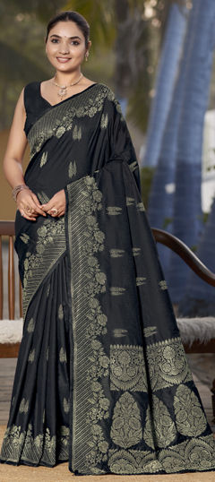 Black and Grey color Saree in Banarasi Silk fabric with Weaving, Zari work