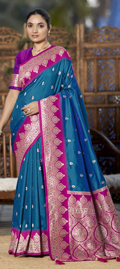 Blue color Saree in Banarasi Silk fabric with Weaving, Zari work