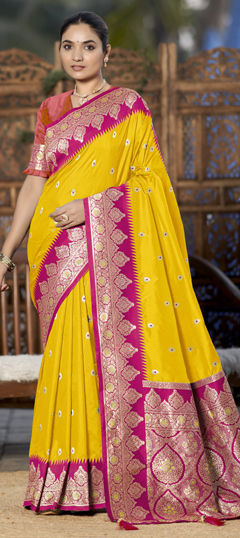 Yellow color Saree in Banarasi Silk fabric with Weaving, Zari work