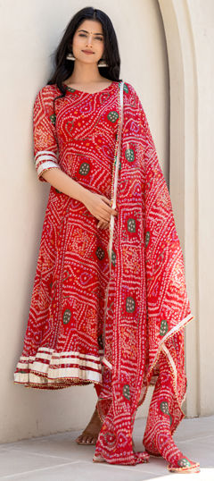 Red and Maroon color Salwar Kameez in Chiffon fabric with Bandhej, Gota Patti, Printed work