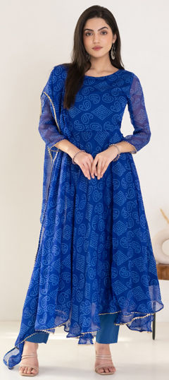 Blue color Salwar Kameez in Chiffon fabric with Bandhej, Gota Patti, Printed work