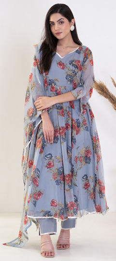 Black and Grey color Salwar Kameez in Chiffon fabric with Floral, Gota Patti, Printed work