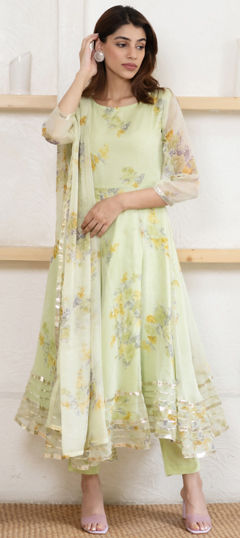 Green color Salwar Kameez in Chiffon fabric with Floral, Gota Patti, Printed work