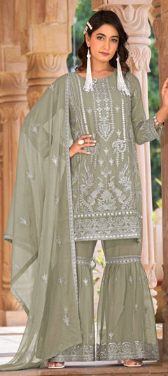 Green color Salwar Kameez in Organza Silk fabric with Embroidered, Mirror, Sequence work