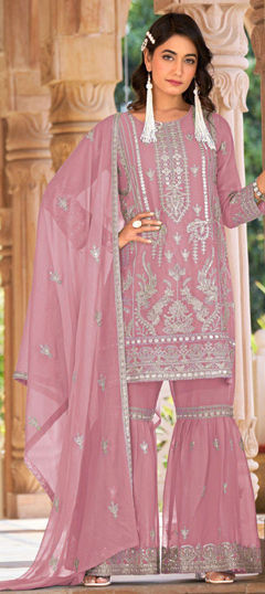 Pink and Majenta color Salwar Kameez in Organza Silk fabric with Embroidered, Mirror, Sequence work