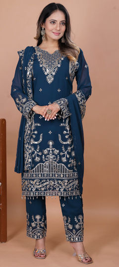 Blue color Salwar Kameez in Faux Georgette fabric with Embroidered, Sequence work