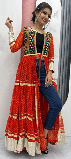 Red and Maroon color Kurti in Faux Georgette fabric with Bandhej, Printed work
