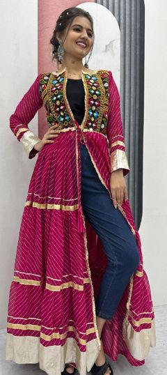 Pink and Majenta color Kurti in Faux Georgette fabric with Bandhej, Printed work