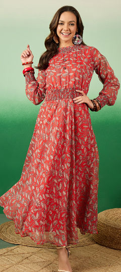 Red and Maroon color Dress in Chiffon fabric with Printed work