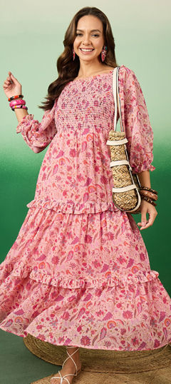 Pink and Majenta color Dress in Chiffon fabric with Printed work
