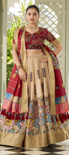 Beige and Brown color Lehenga in Dolla Silk fabric with Printed work
