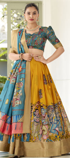 Blue, Yellow color Lehenga in Dolla Silk fabric with Printed work