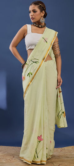 Yellow color Saree in Cotton, Malmal fabric with Printed work