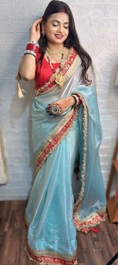 Blue color Saree in Organza Silk fabric with Embroidered work