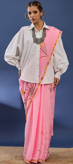 Pink and Majenta color Saree in Cotton, Malmal fabric with Printed work