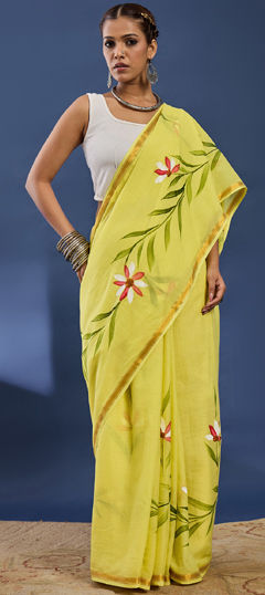 Yellow color Saree in Cotton, Malmal fabric with Printed work