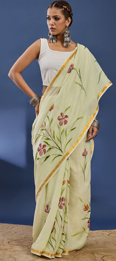 Beige and Brown color Saree in Cotton, Malmal fabric with Printed work