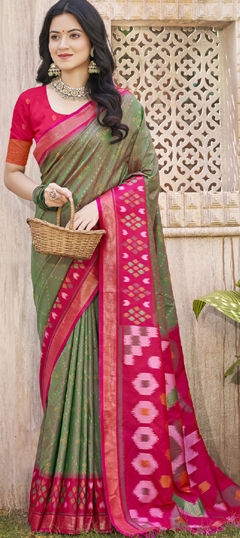 Green color Saree in Silk fabric with Weaving work