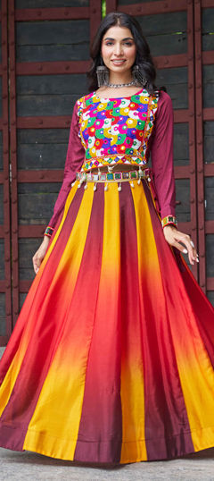 Multicolor color Ready to Wear Lehenga in Chinon Silk fabric with Embroidered, Mirror, Resham work
