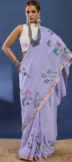 Purple and Violet color Saree in Cotton, Malmal fabric with Printed work