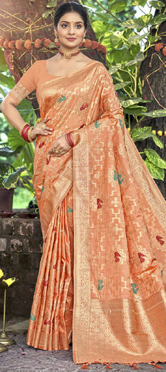 Orange color Saree in Silk fabric with Weaving work