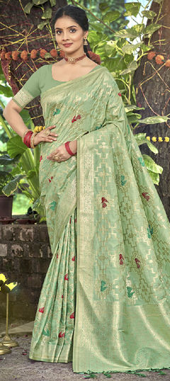 Green color Saree in Silk fabric with Weaving work