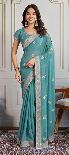 Blue color Saree in Georgette fabric with Border, Embroidered work