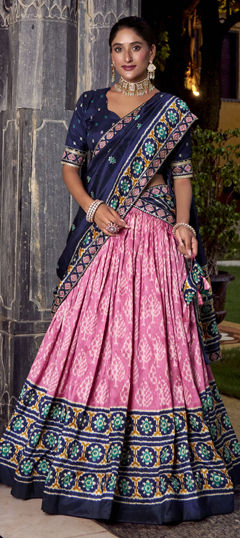 Pink and Majenta color Lehenga in Tussar Silk fabric with Printed work