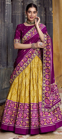 Yellow color Lehenga in Tussar Silk fabric with Printed work