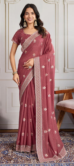 Pink and Majenta color Saree in Georgette fabric with Border, Embroidered work