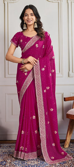 Pink and Majenta color Saree in Georgette fabric with Border, Embroidered work